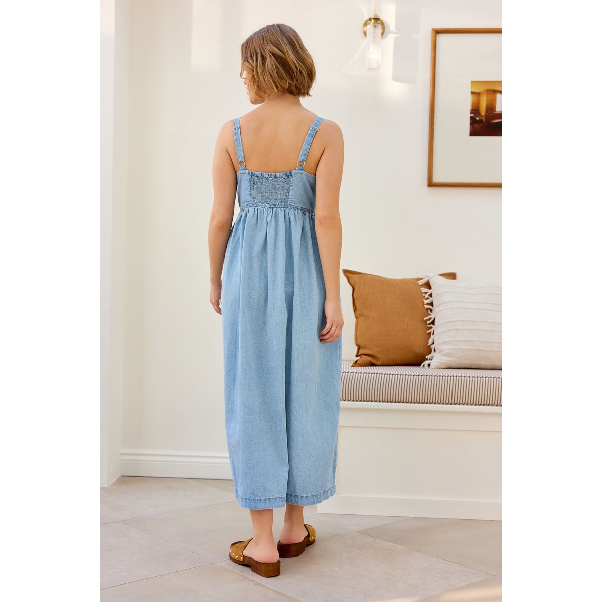 Robe mi-longue en denim à bretelles bleu moyen, NEXT