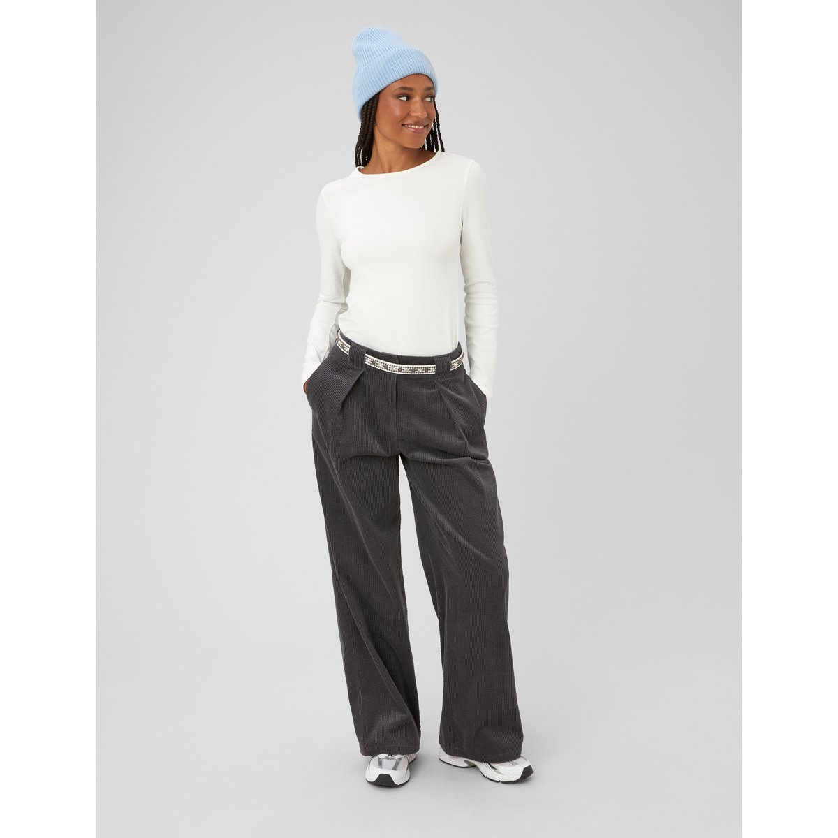Pantalon large en velours gris foncé, BZB