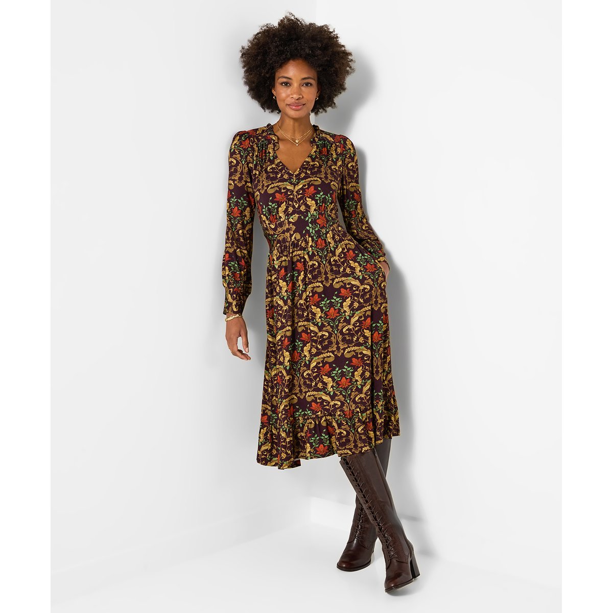 Élégante Robe Mi-Longue en Jersey à Manches Longues Motif Feuilles marron, JOE BROWNS