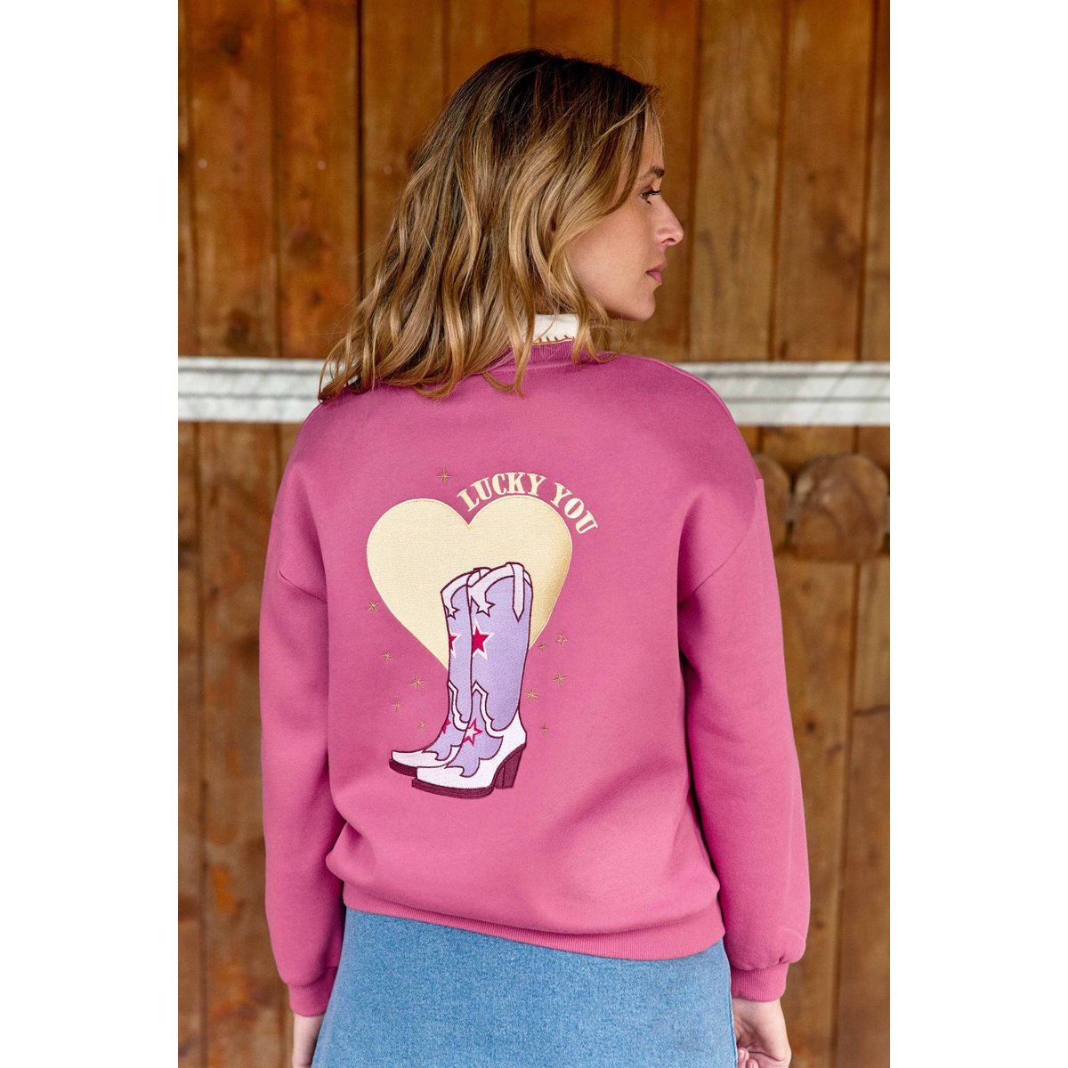 Sweat col rond imprimé broderie TUCKY 40-rose, LA PETITE ETOILE