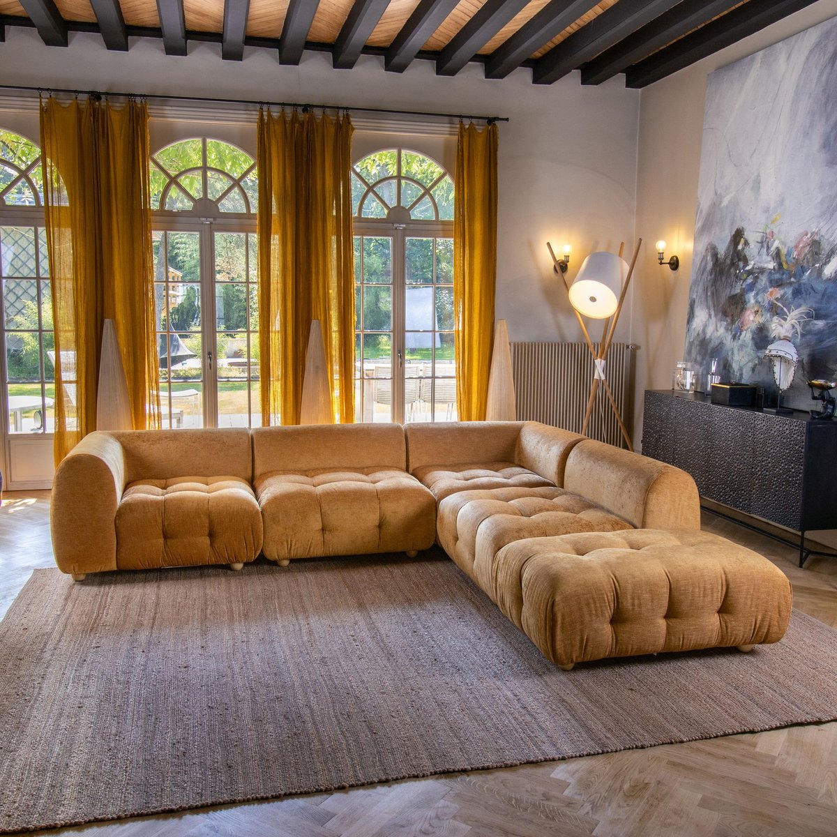Canapé d'angle en velours pané, TWIGGY ocre, NOW'S HOME