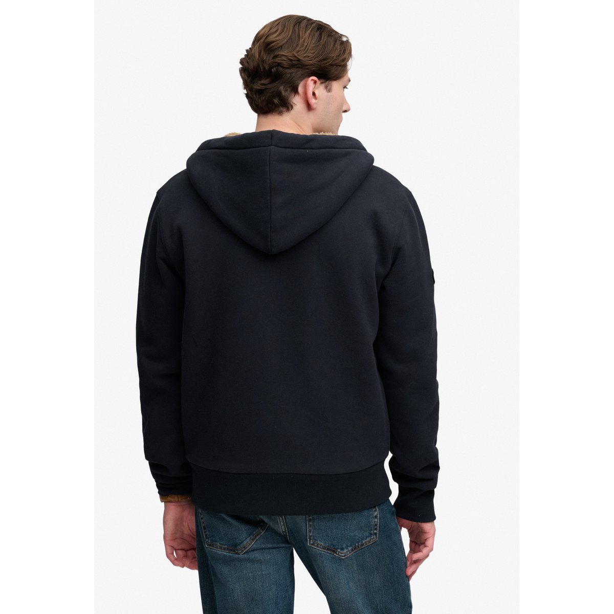 Sweat à capuche zippé doublé en Borg bleu marine éclipse, SUPERDRY