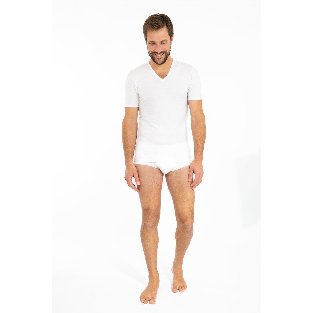 T-shirt col V en coton léger blanc, ARMOR-LUX