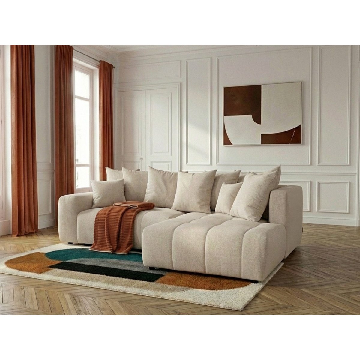 Canapé d'angle convertible 4 places en tissu chiné, ROXELANE beige, BOBOCHIC
