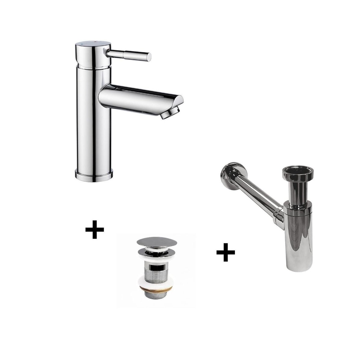 Robinet bec bas + bonde CLINT + siphon SIMON gris - acier inoxydable - chromé, MOB IN
