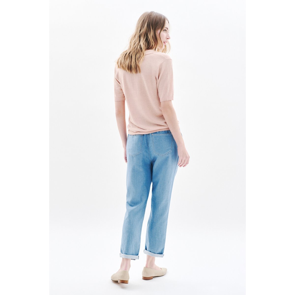 Pull droit col chemise en lin MIKALU rose clair, CAROLL