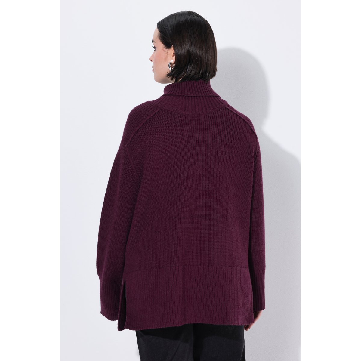 Pull en maille côtelée à col roulé rouge vin foncé, ULLA POPKEN