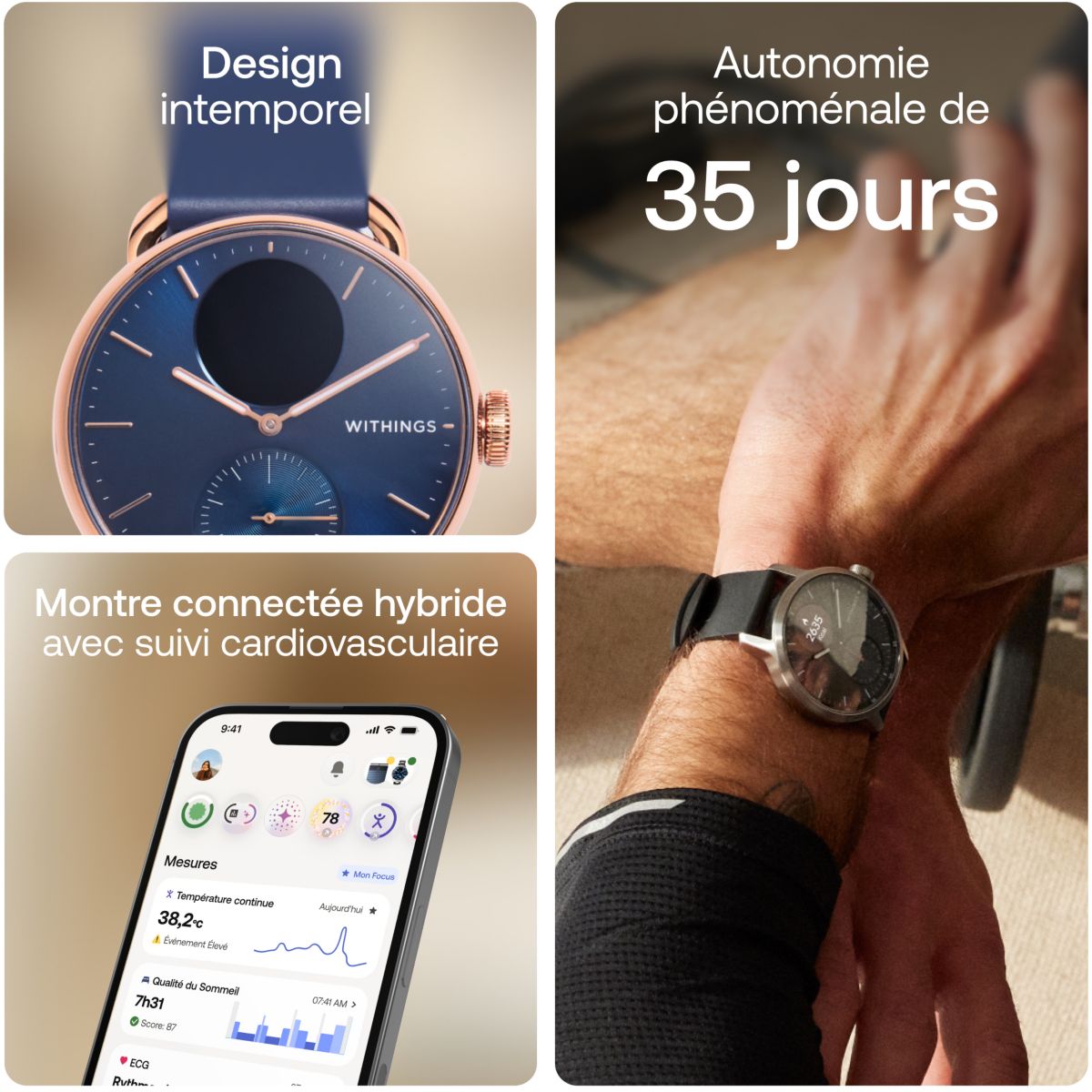 Montre santé Scanwatch 2 38mm Rose Gold Bleue couleur unique, WITHINGS