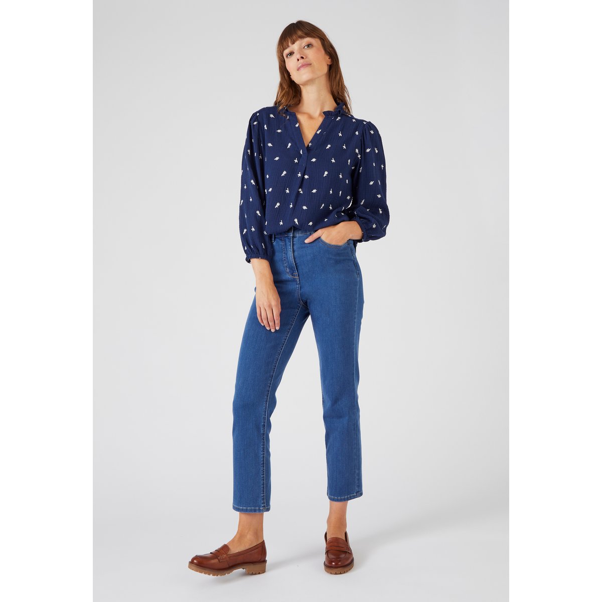 Blouse gaze pur coton brodée bleu marine, DAMART