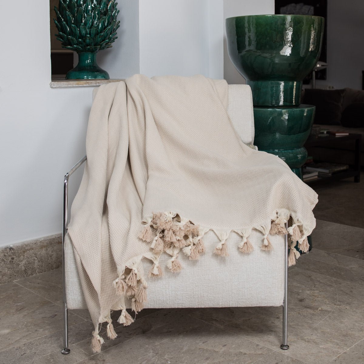 Plaid coton MEGEVE taupe clair, FEBRONIE