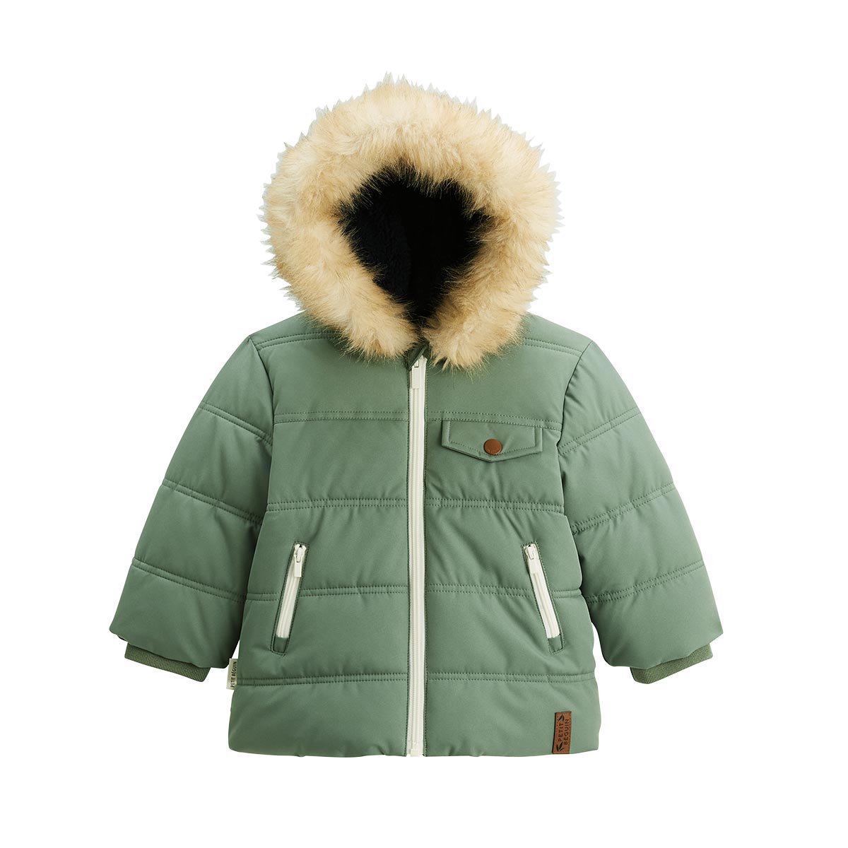 Doudoune enfant imperméable doublée sherpa avec capuche Anouk kaki, PETIT BEGUIN