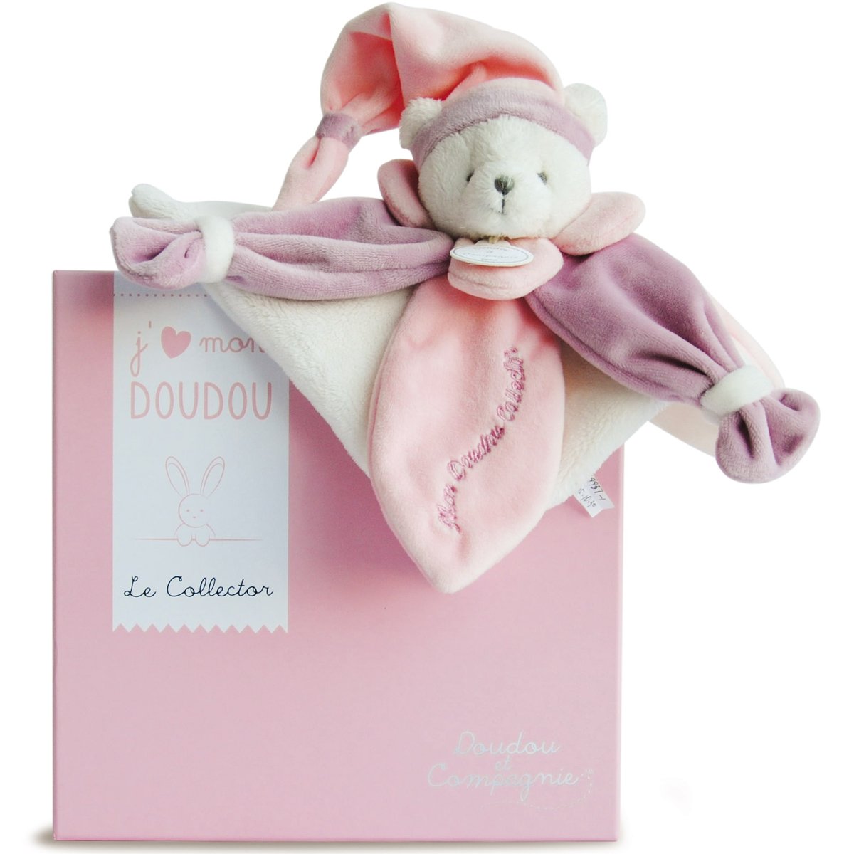 Coffret doudou pétale J'aime mon doudou ours rose, violet, DOUDOU ET COMPAGNIE