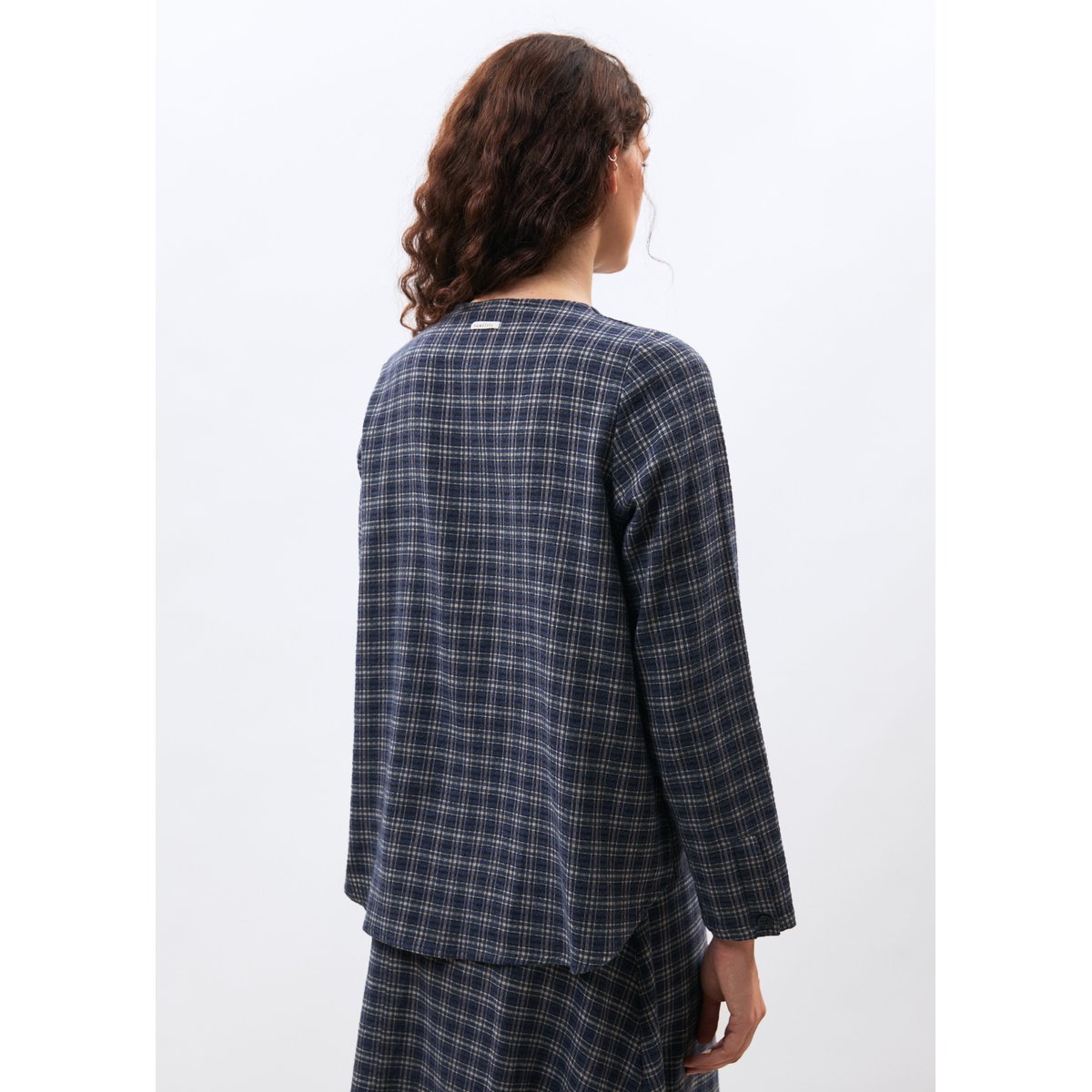 Blouse à carreaux manches longues col rond marine, HUMILITY