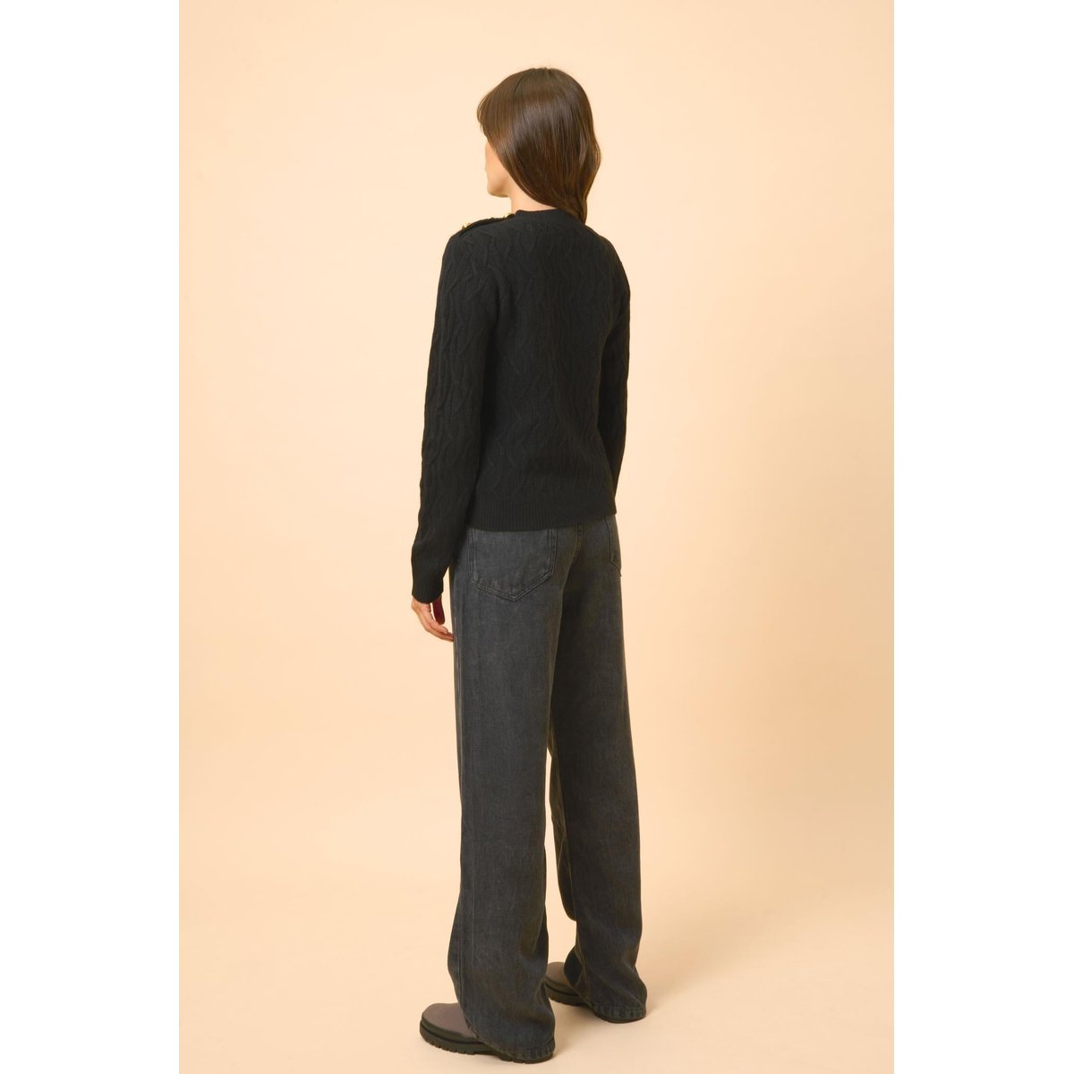 Pull Col Rond Marin 4 Fils Noir Lynd noir, JUST CASHMERE