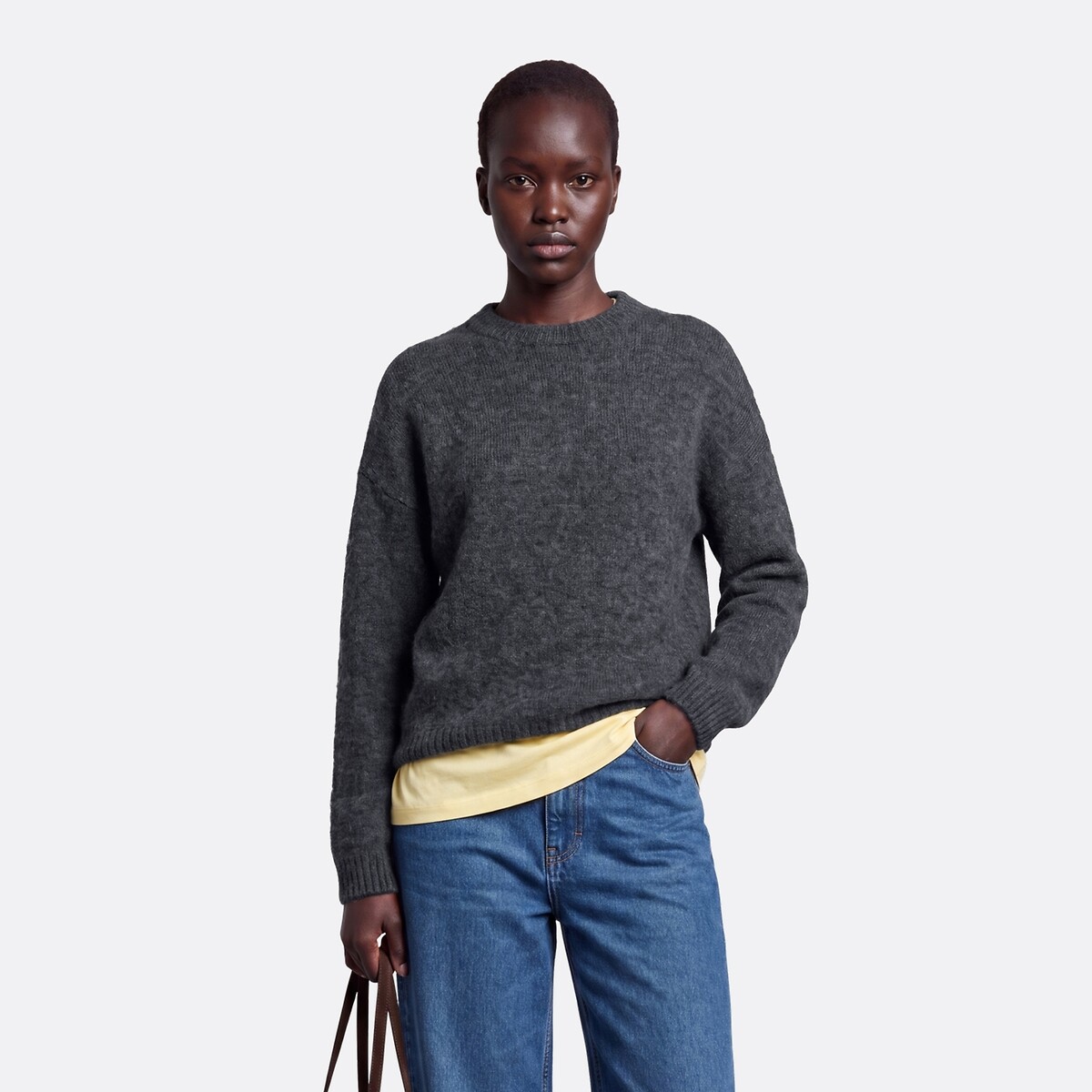 Pull col rond en alpaga brossé mélangé, Signature AZELIE gris anthracite chiné, LA REDOUTE COLLECTIONS