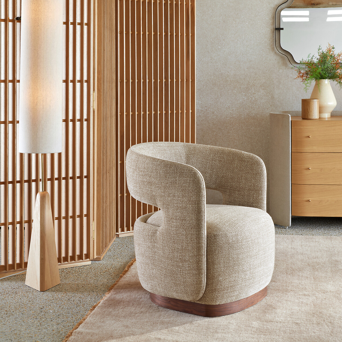 Fauteuil texturé pivotant base plaqué noyer Jesper ficelle, AM.PM