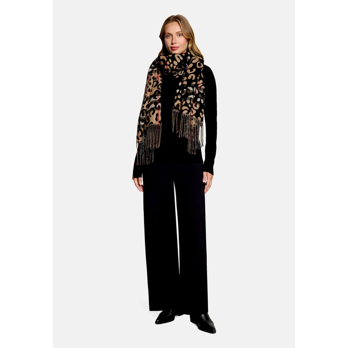Écharpe d'hiver à franges camel/black, BETTY BARCLAY