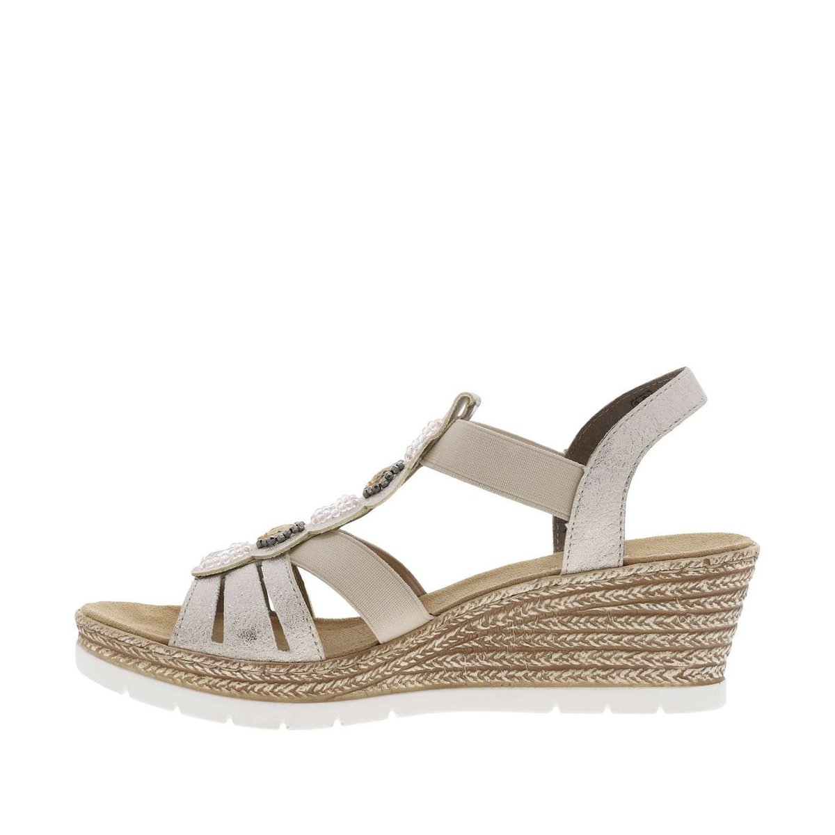 Sandales beiges avec une tige élastiquée à perles et à talon compensé beige, RIEKER