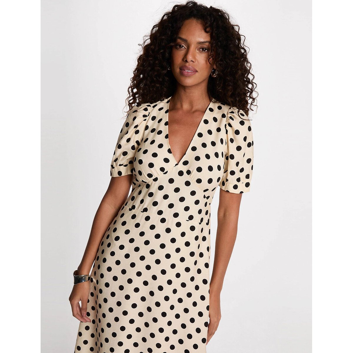 Robe longue à pois, manches courtes imprimé pois + écru, MORGAN
