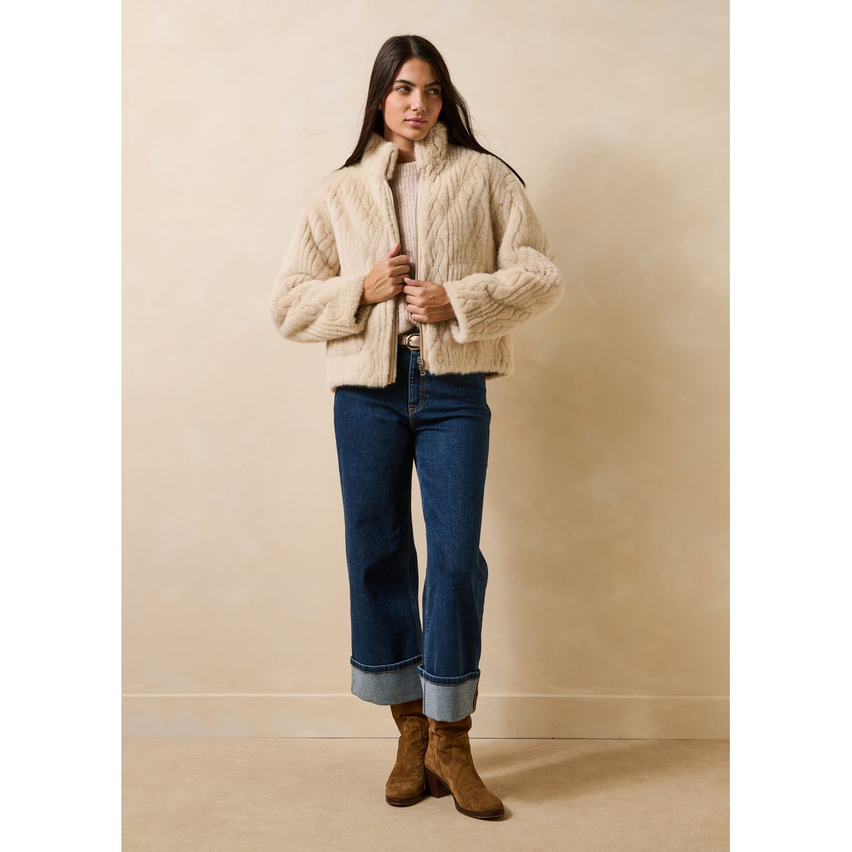 Blouson court réversible col montant ecru, LA FEE MARABOUTEE