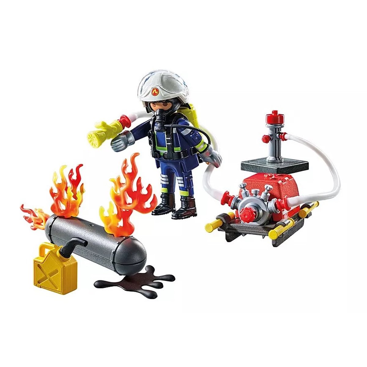 Pompier avec pompe à eau et réservoir enflammé pompier avec pompe à eau et réservoir enflammé, PLAYMOBIL