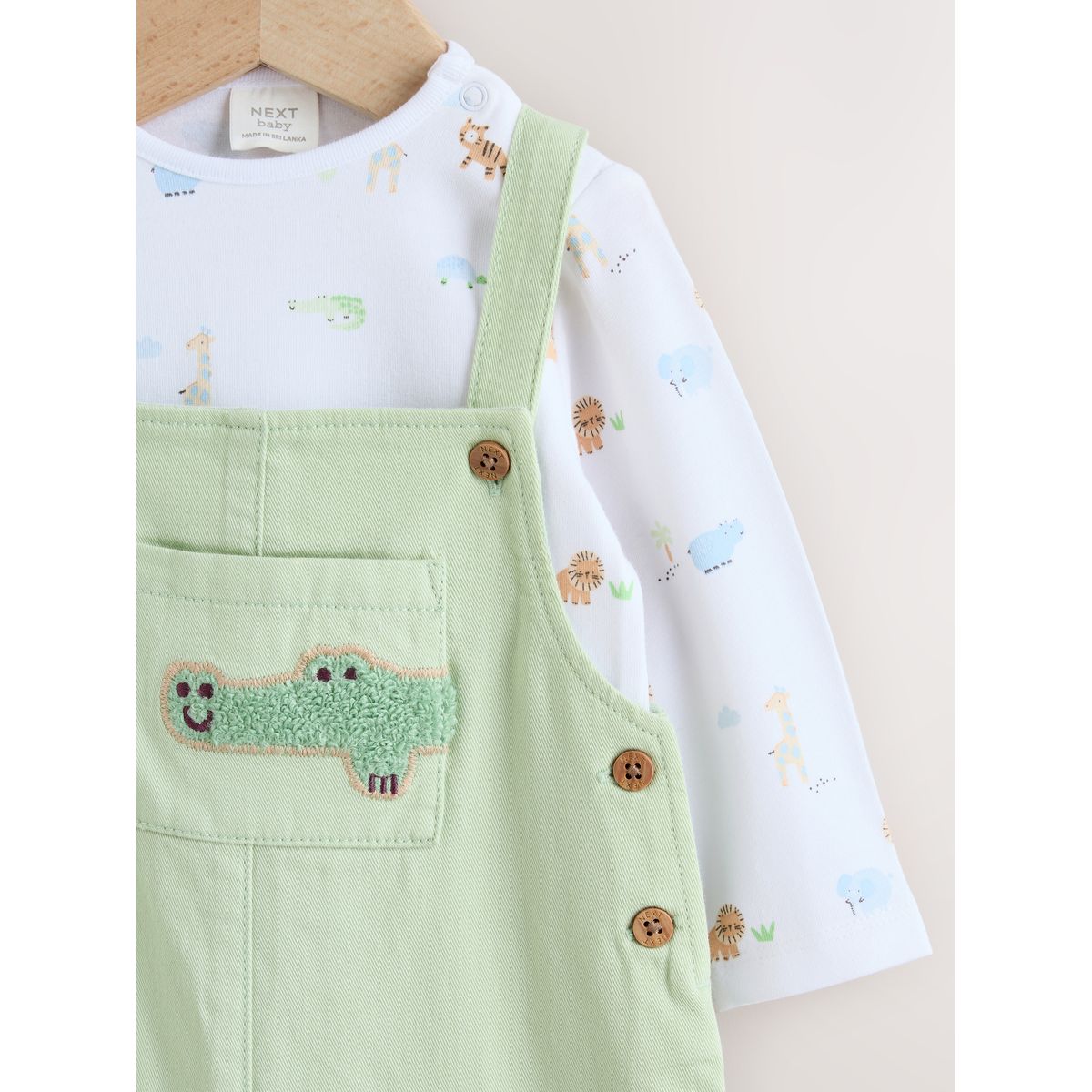 Ensemble salopette et body en sergé bébé animaux du safari vert, NEXT