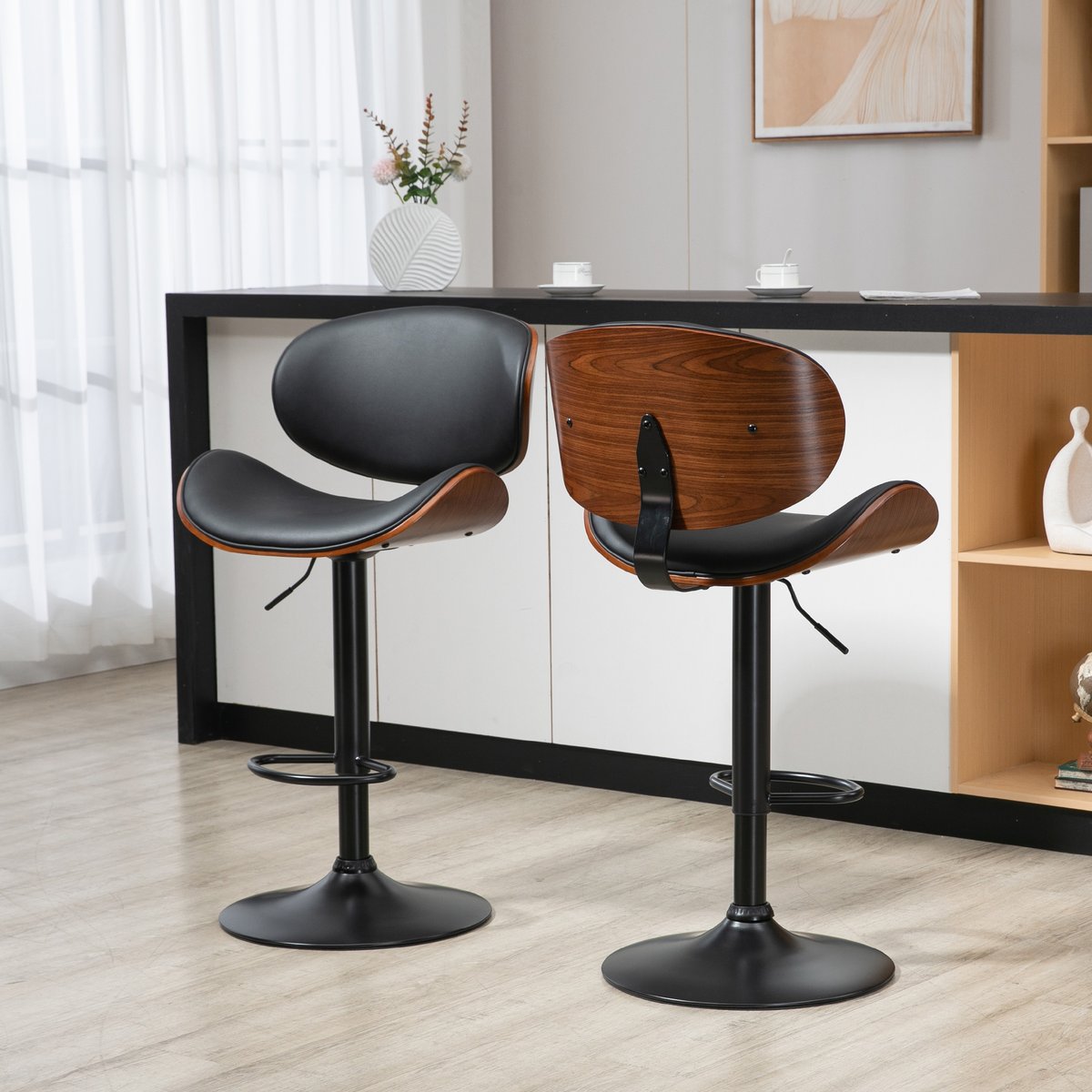 Tabouret de bar Revêtement synthétique PU noir, bois foncé, HOMCOM
