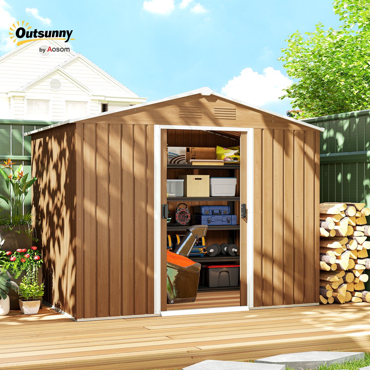 Abri de jardin Acier galvanisé Marron marron foncé effet bois, OUTSUNNY