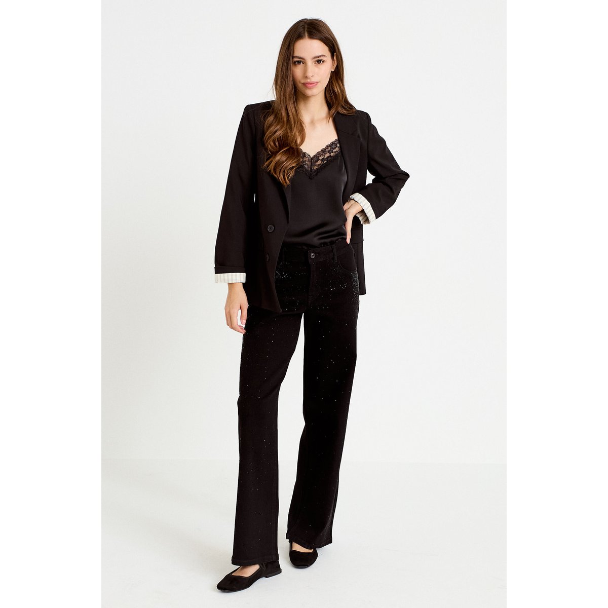 Jean wide leg taille basse strass noir, CACHE CACHE