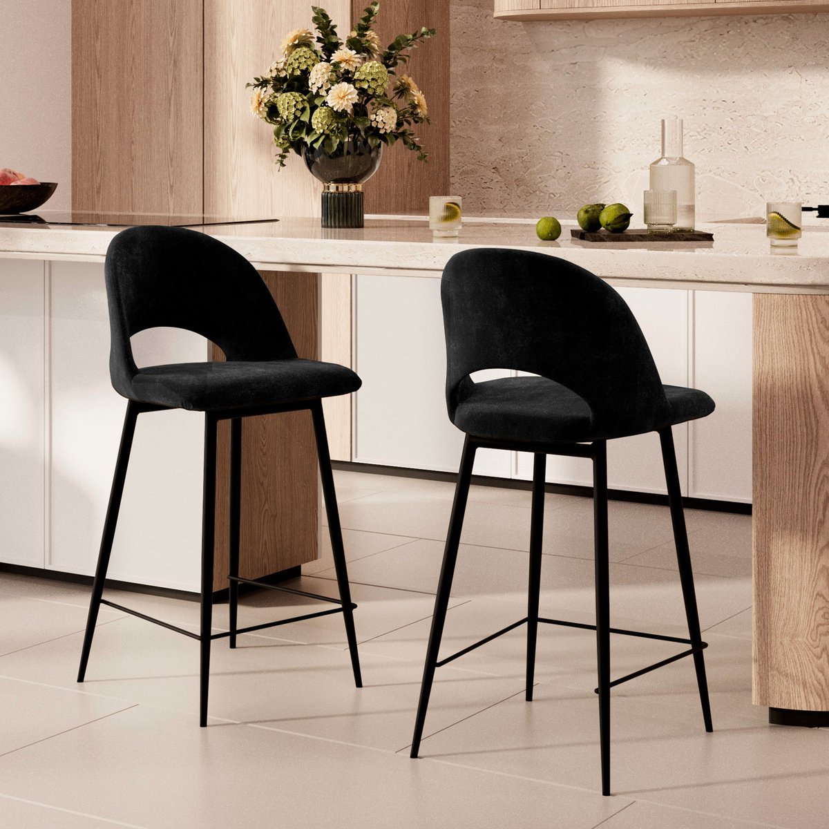 Pack 2 chaises et 2 chaises de bar 65 cm en velours - PÉNÉLOPE noir, MAISON PAVANE