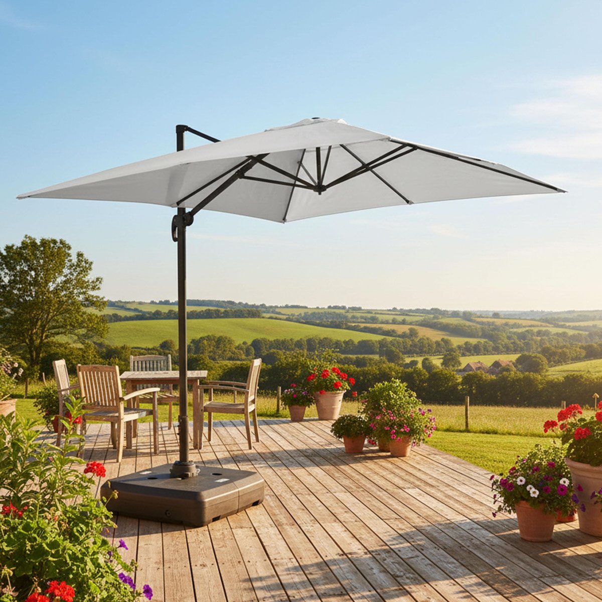 Parasol déporté 3x4m inclinable rotatif et dalle à lester sur roues aluminium, CASERTA ecru, OVIALA