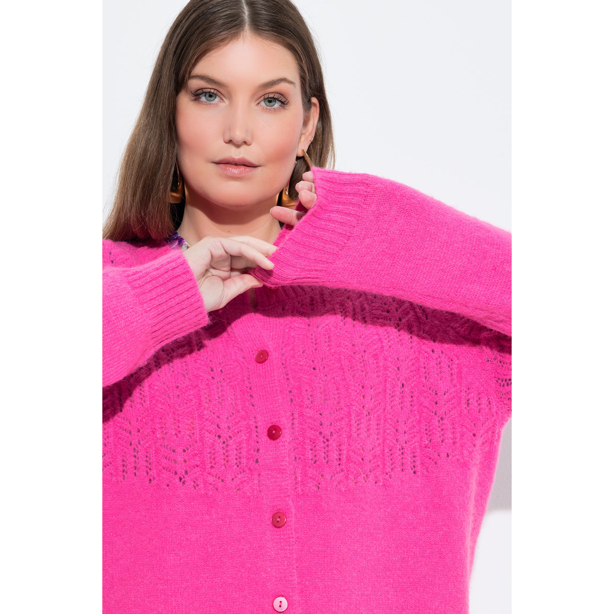 Cardigan col rond et manches longues rose vif, ULLA POPKEN