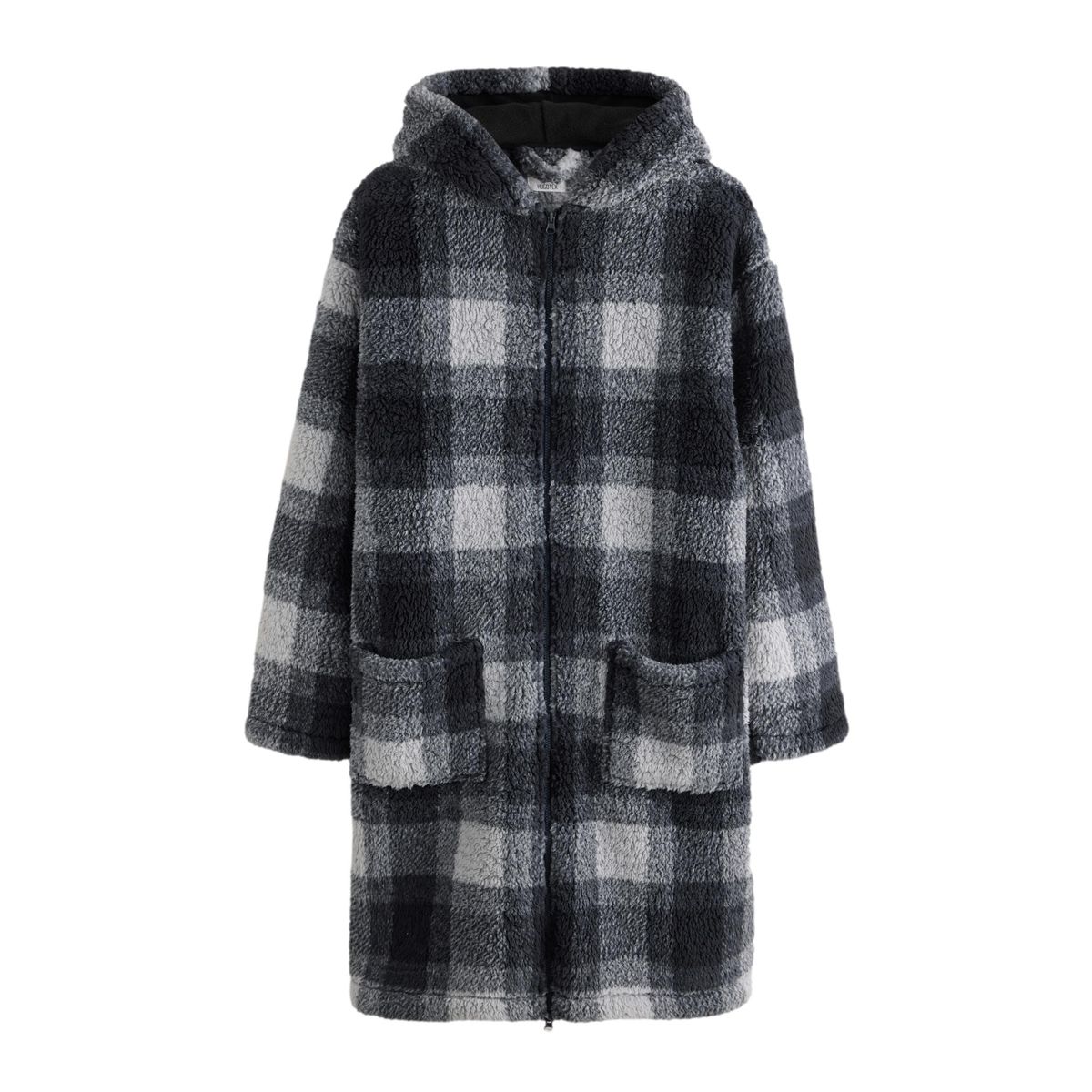 Robe de chambre zippé en peau lainée chèque monochrome, NEXT