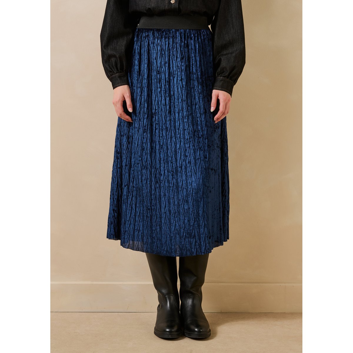 Jupe midi en velours plissé marine, LA FEE MARABOUTEE