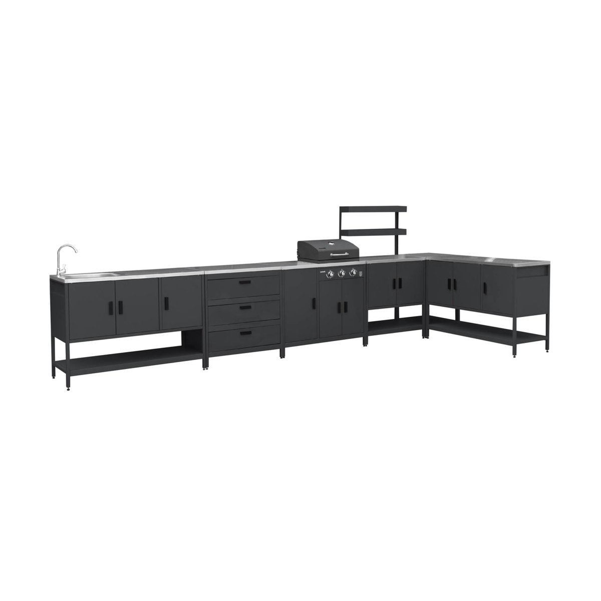 Cuisine d'extérieure 5 modules avec barbecue gaz 3 brûleurs sur pieds, thermomètre NAXOS BARBECUE GAZ + 5 MODULES noir, SWEEEK