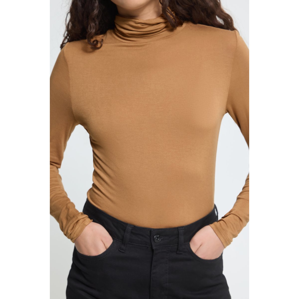 T-shirt à manches longues, col roulé, coupe slim marron toasted coconut, ICHI