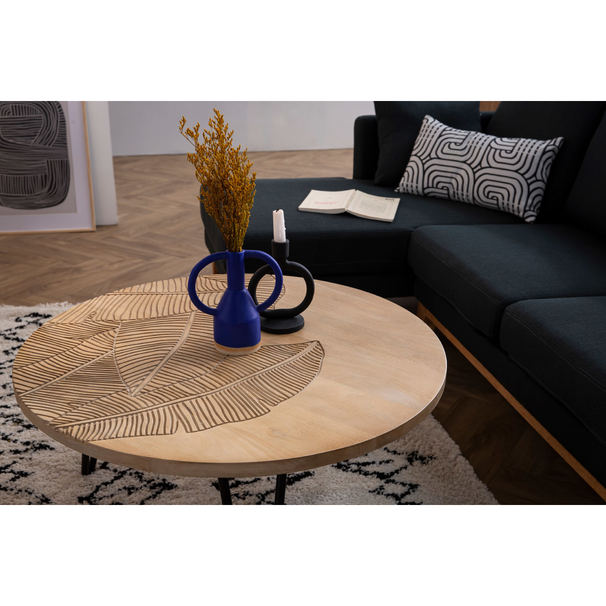 Table basse ronde gravée bois manguier massif et métal noir D80 cm VIBES naturel, MILIBOO