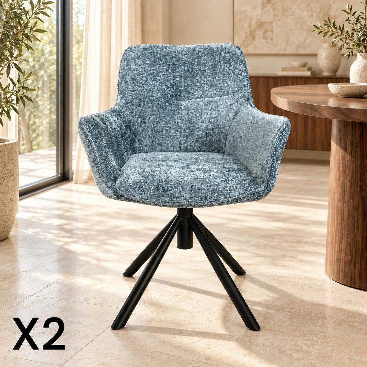 Fauteuil de table pivotant tissu bleu (lot de 2) IENA bleu, PIER IMPORT