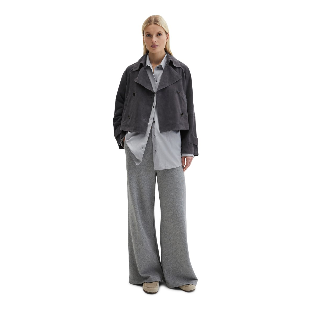 Veste en cuir velours style trench relaxed en cuir de chèvre souple gris foncé, MARC O'POLO