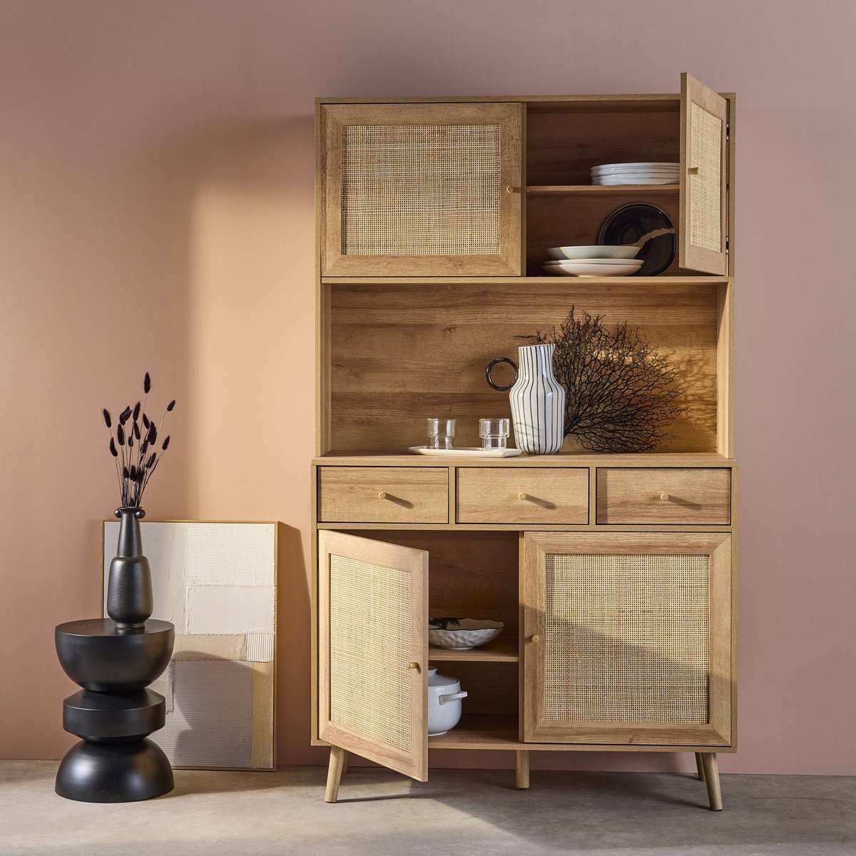 Buffet décor bois et cannage 4 portes 3 tiroirs 110 cm BOHÈME naturel, SWEEEK