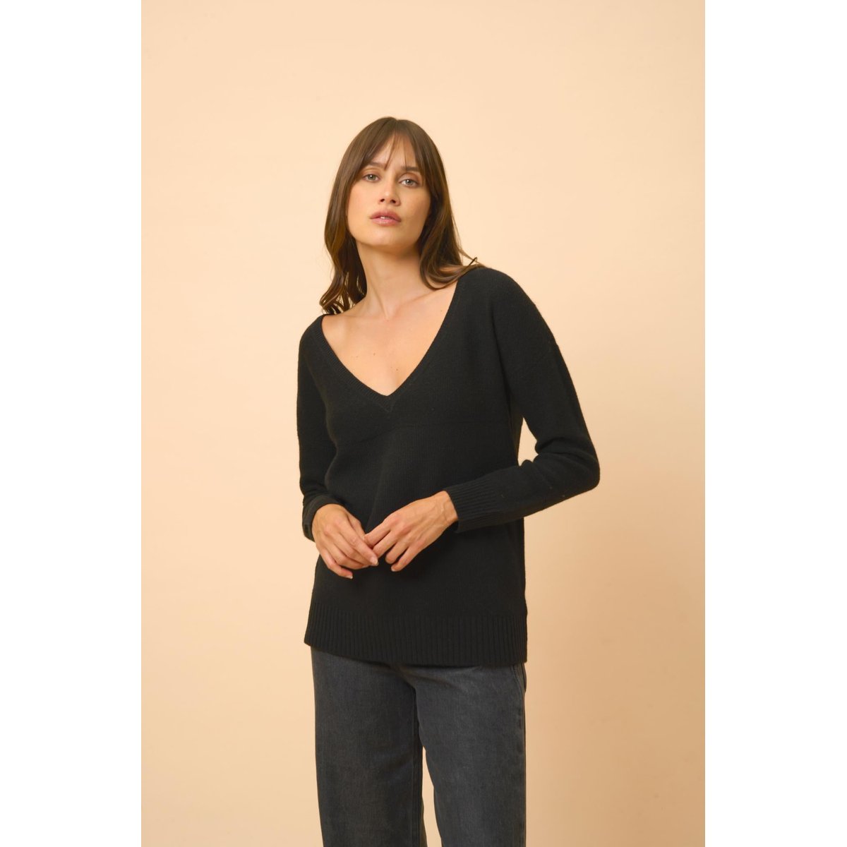 Pull Col V 4 Fils Noir Cassie noir, JUST CASHMERE