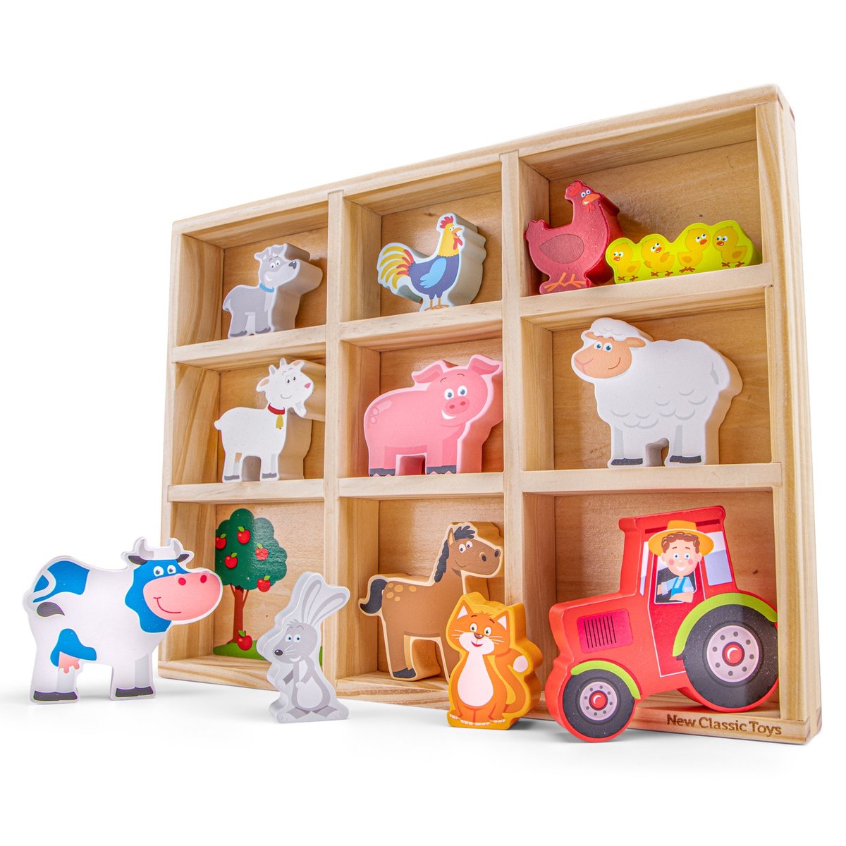 Figurines en bois Animaux Ferme beige, NEW CLASSIC TOYS