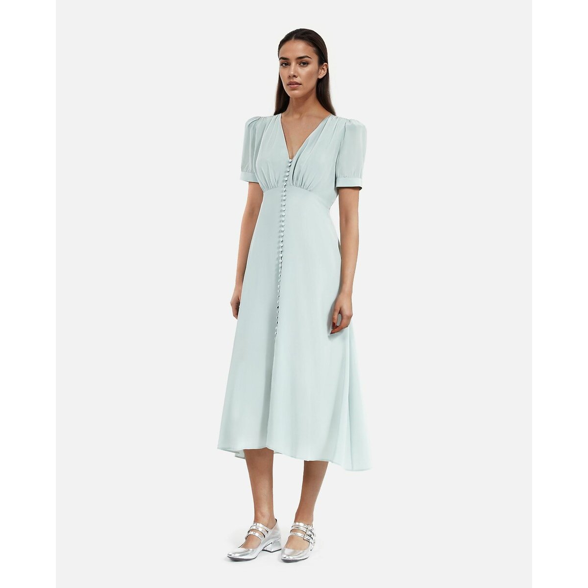 Long Dress with Short Sleeves and Buttoned Front sea green, THE KOOPLES