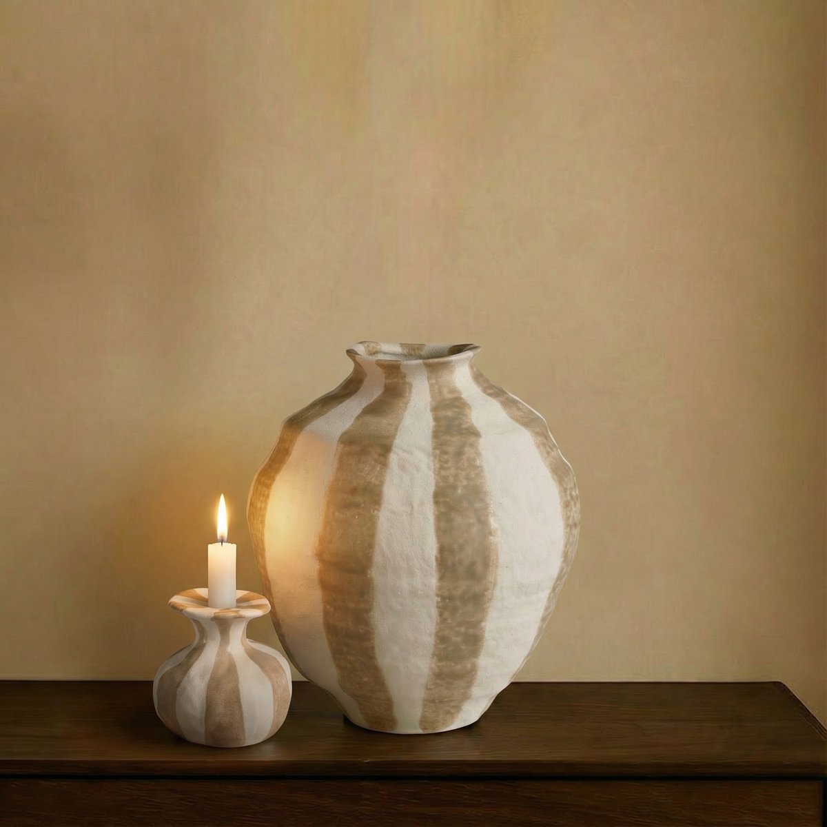 Bougeoir décoratif en céramique artisanale D11 RIVAGE beige, SIA