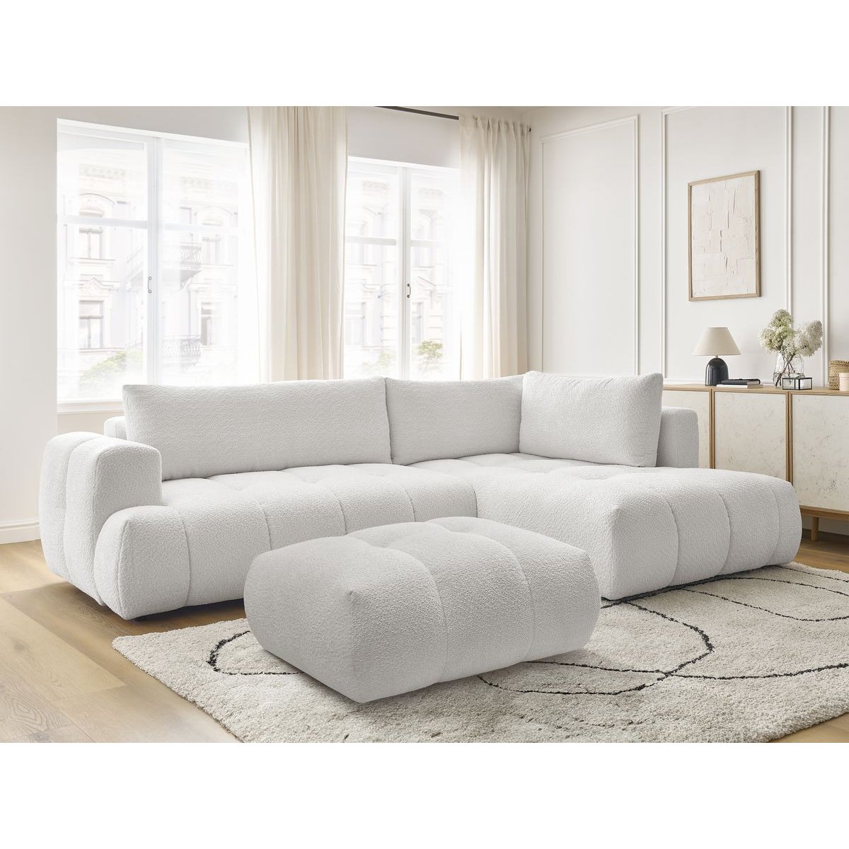 Canapé d'angle convertible 4 places en tissu bouclette avec pouf, FUJI blanc, BOBOCHIC