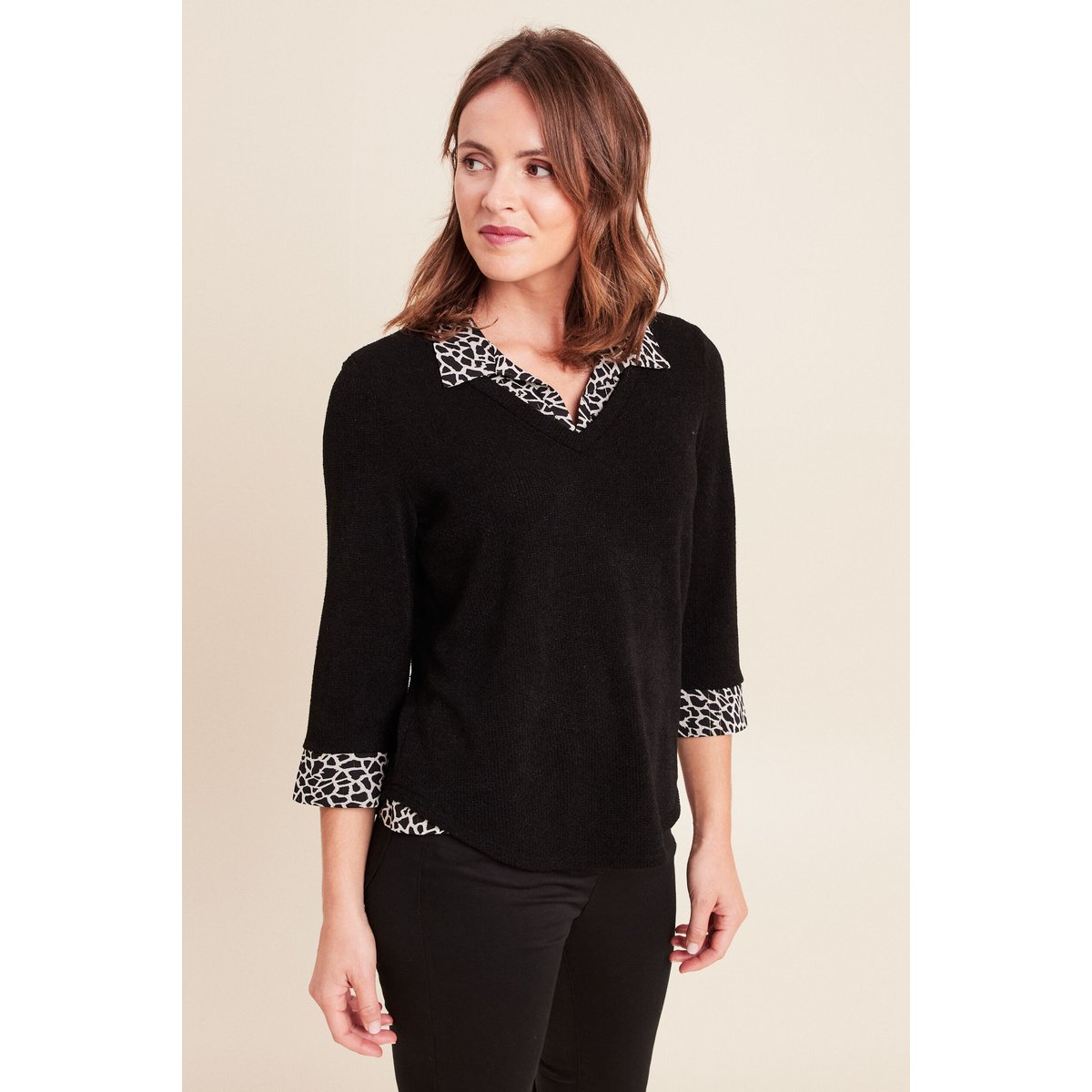 T-shirt col chemise manches 3/4 noir, BREAL