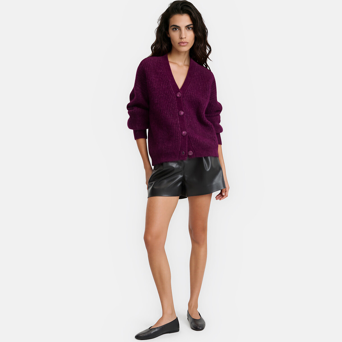 Signatures Gildas Cardigan with V-Neck in Alpaca Mix purple/plum, LA REDOUTE COLLECTIONS