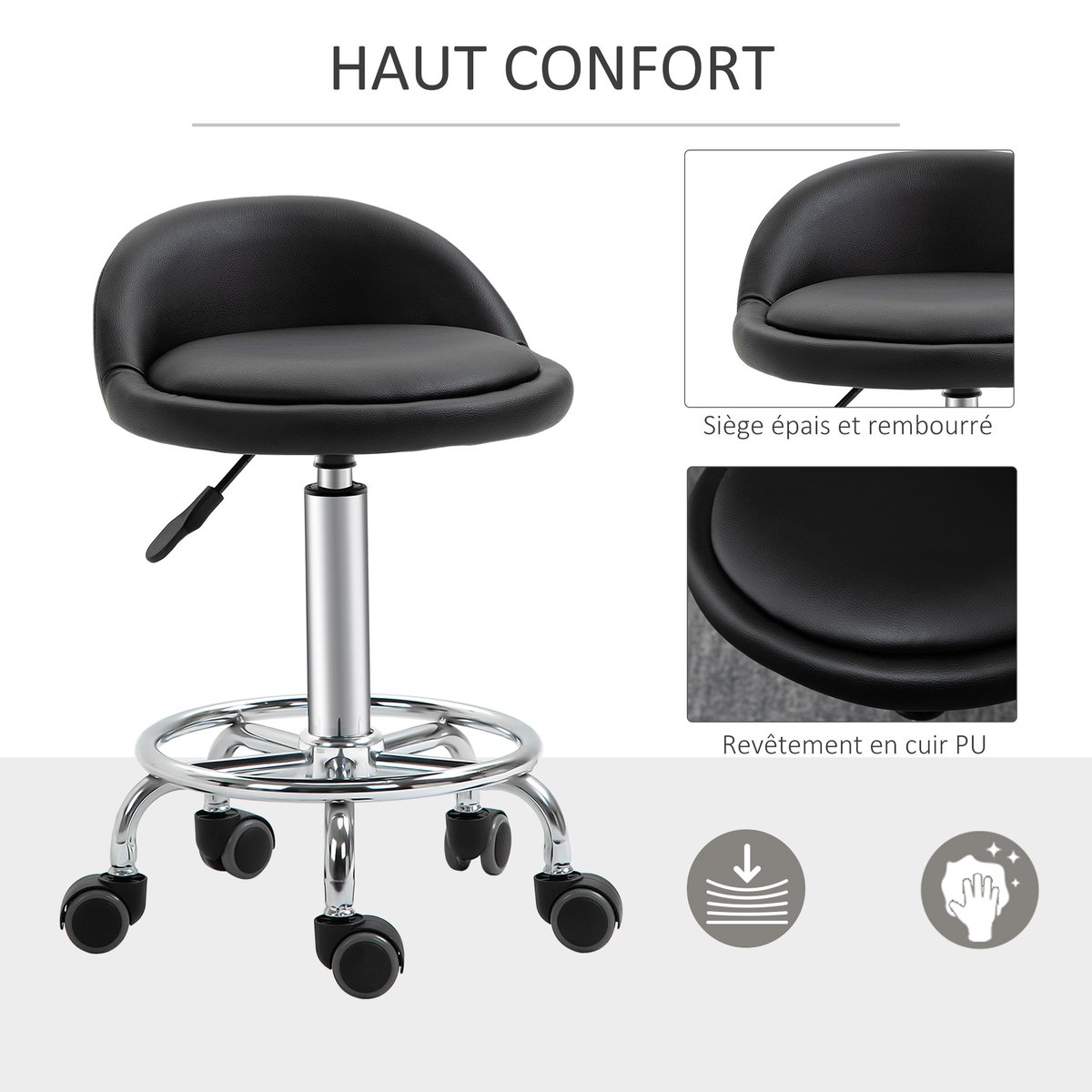 Tabouret de salon Revêtement synthétique Noir noir, HOMCOM