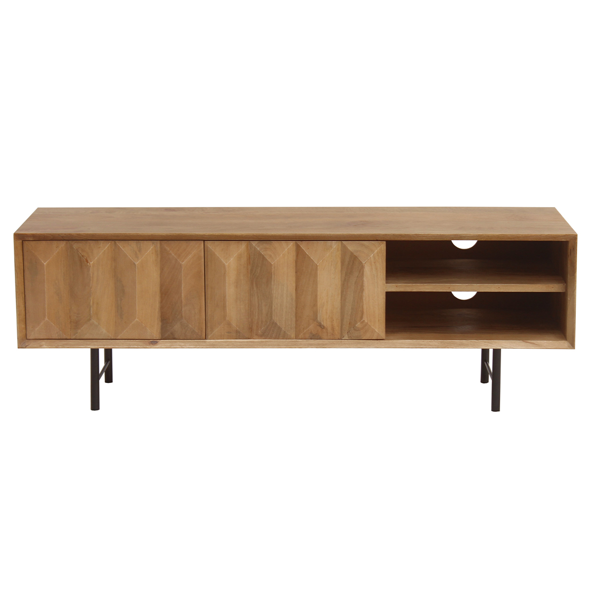Meuble TV en bois clair manguier massif gravé et métal noir L120 cm AGRA chêne clair, MILIBOO