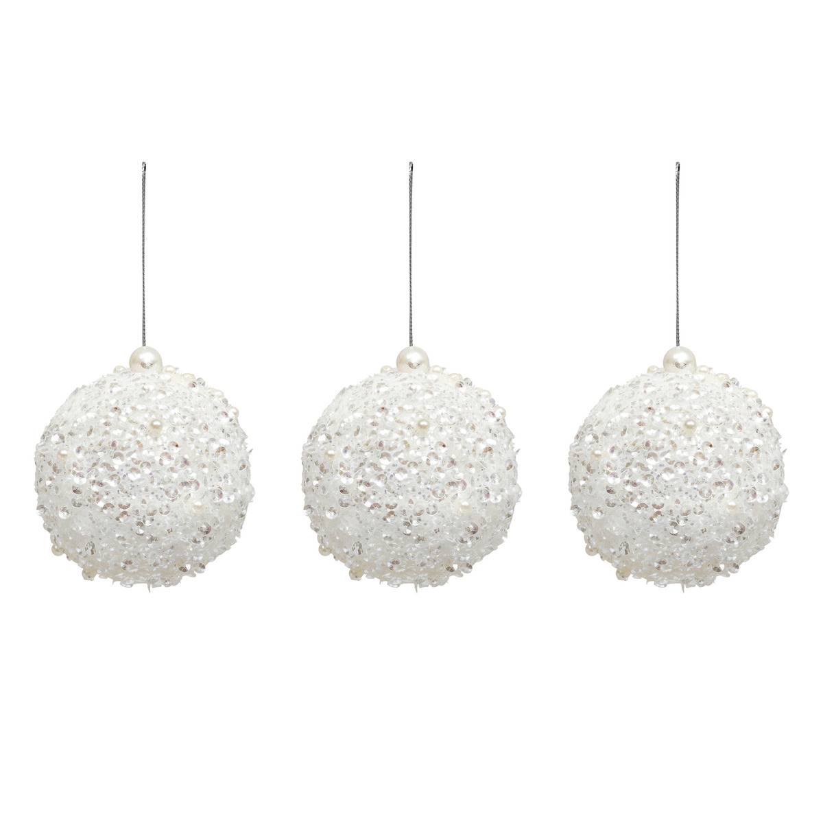Lot de 3 boules de Noël sequins et perles blanches D. 80 mm blanc, FEERIC LIGHTS & CHRISTMAS
